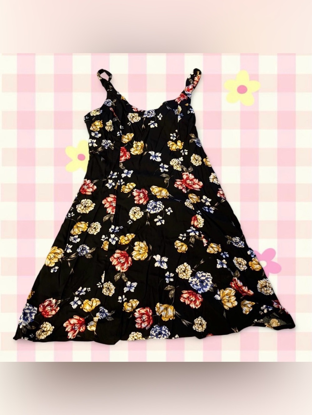 Garage Black Floral Sundress with Yellow, Red, and Blue Blooms